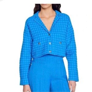 Sandro cropped blue houndstooth tweed jacket
